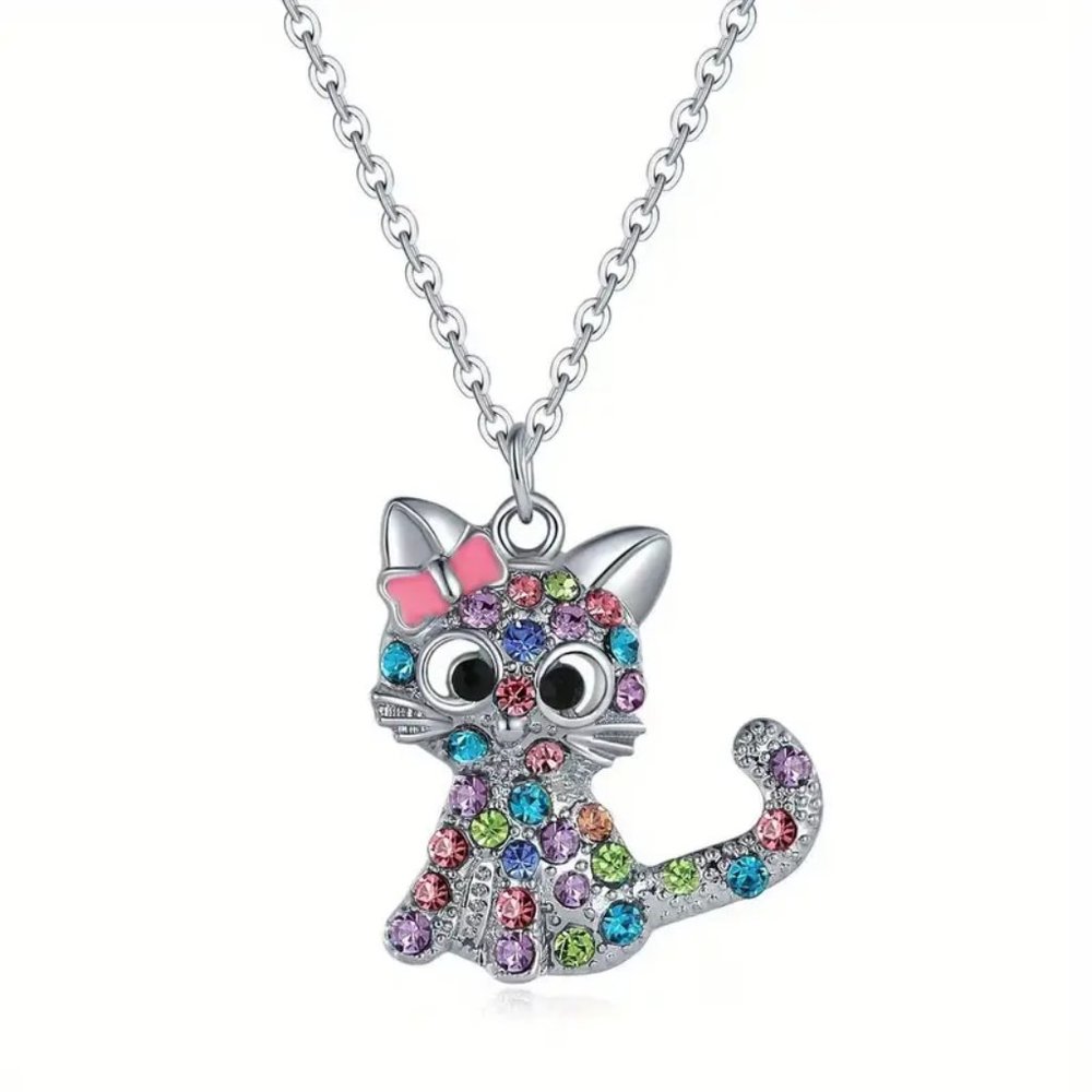 New Pink Bow Cat Pendant & Necklace Kitten Silver Design Sparkling Rhinestones